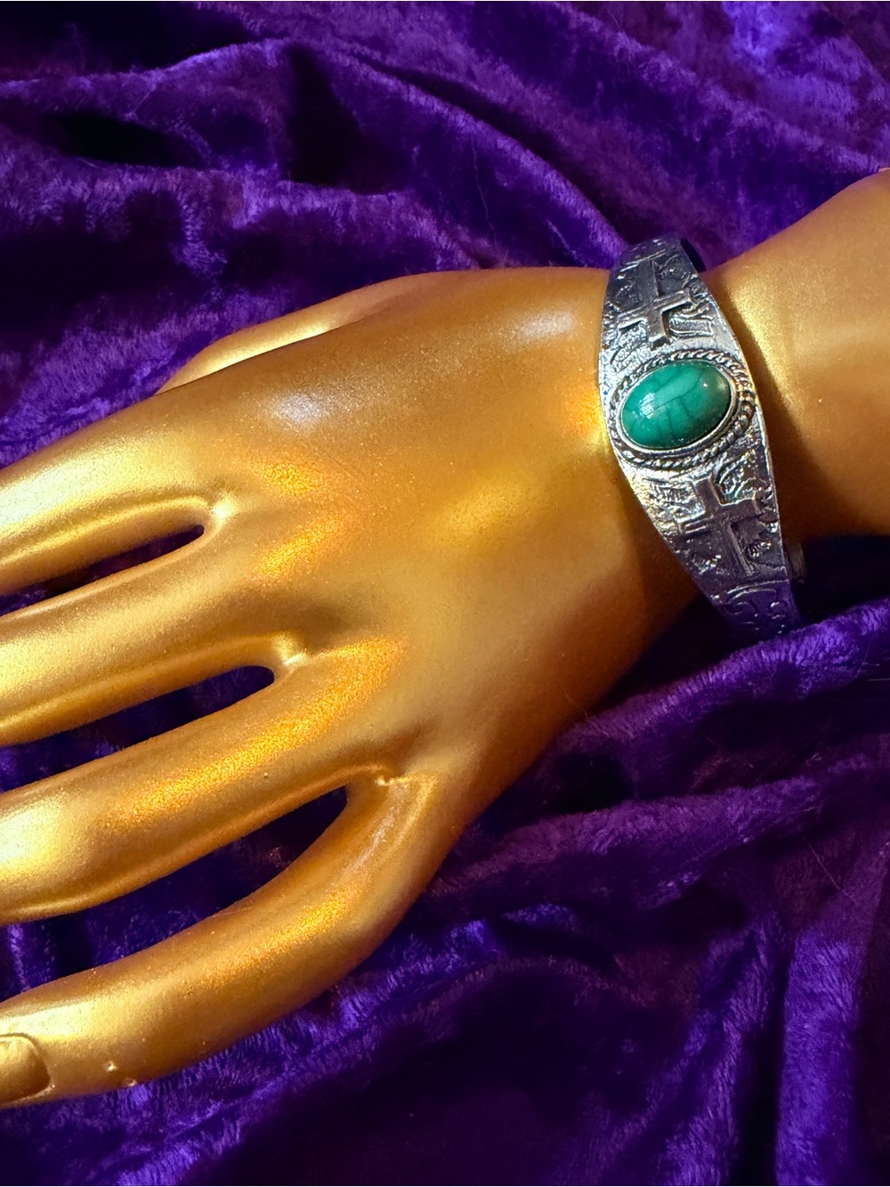 Silver cuff Bracelet with cross engraving and Green Stone